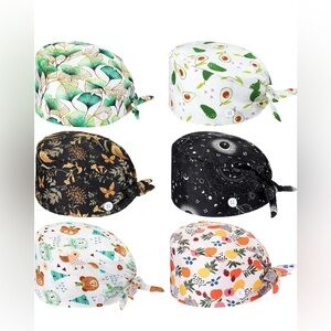 6 Pcs Unisex Bouffant Scrub Caps w/ Buttons,Sweatband, Adjustable Tie Back, NEW